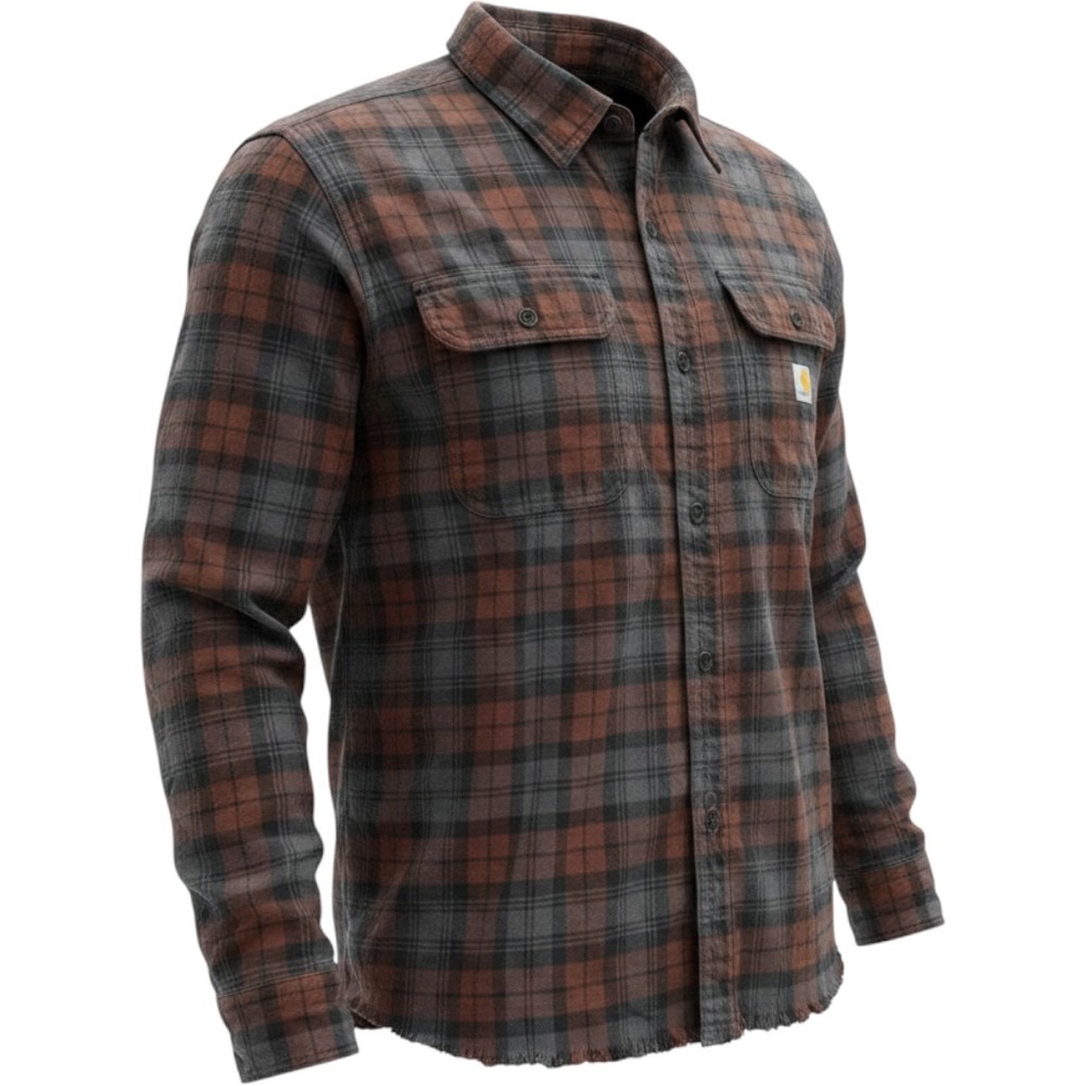 Carhartt Mens Loose Fit Plaid Flannel Shirt Brown Grey Raw Hem Large